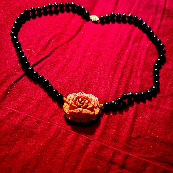 Onyx & Sponge Coral Necklace with Hand-Carved Rose Centerpiece and 